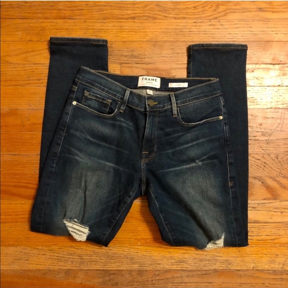 Frame Le Garçon Distressed Dark Wash High Rise Skinny Jeans - Picture 3 of 6